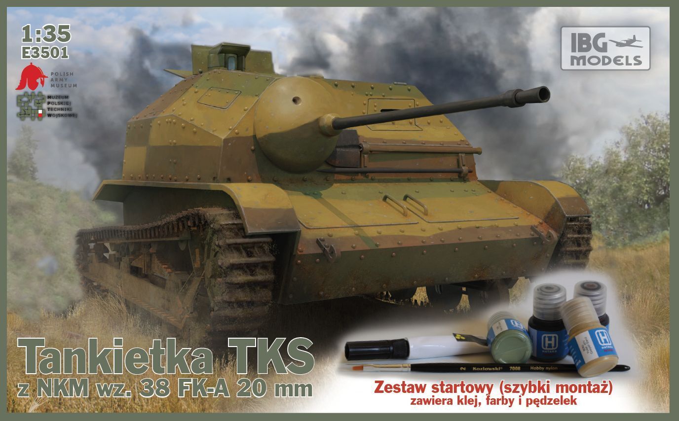 IBGE3501 IBG 1/35 TKS Tankette with 20mm Gun Quick Build Tracks with Hataka paint set, brush and glue [E3501] IBG Models