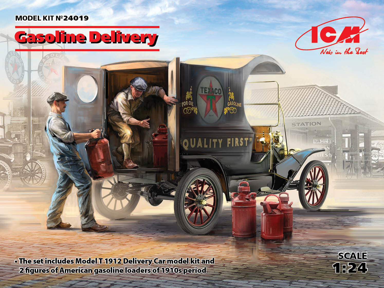 ICM 1/24 Gasoline Delivery Model T 1912 Delivery Car with American Gasoline Loaders Plastic Model Kit
