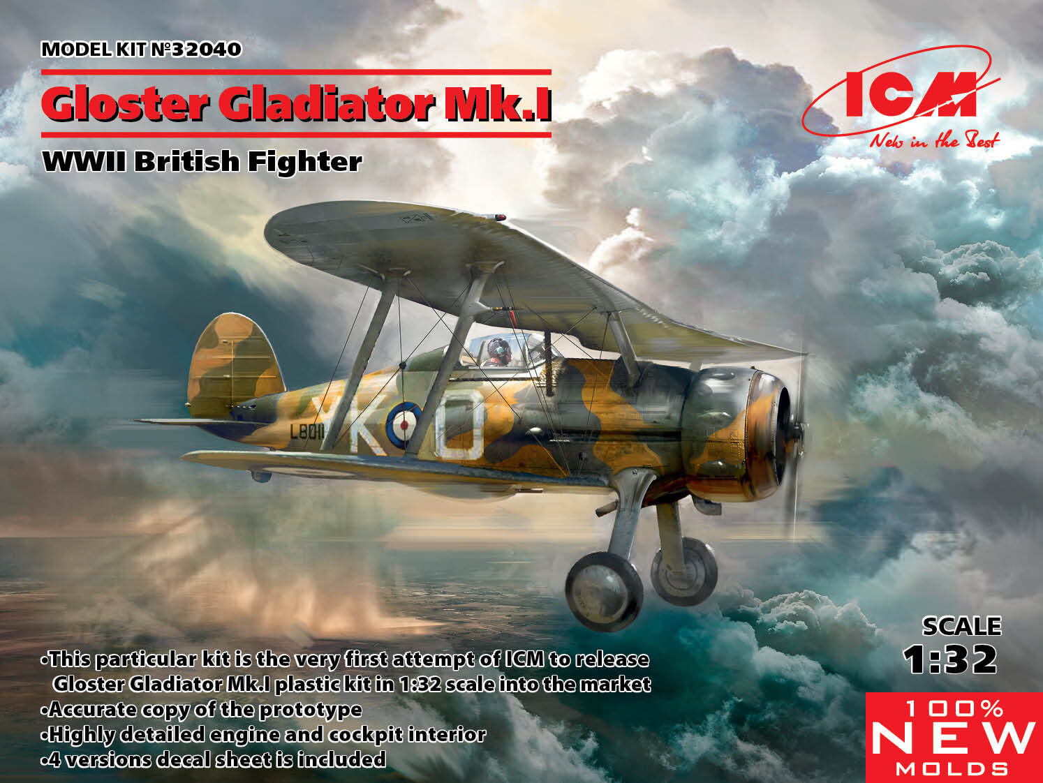 ICM 1/32 Gloster Gladiator Mk.I WWII British Fighter Plastic Model Kit