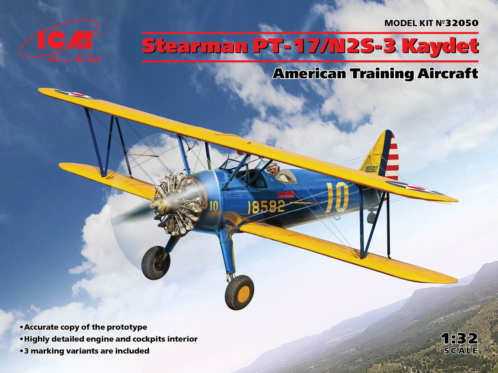 ICM 1/32 Stearman PT-17/N2S-3 Kaydet American Training Aircraft Plastic Model Kit