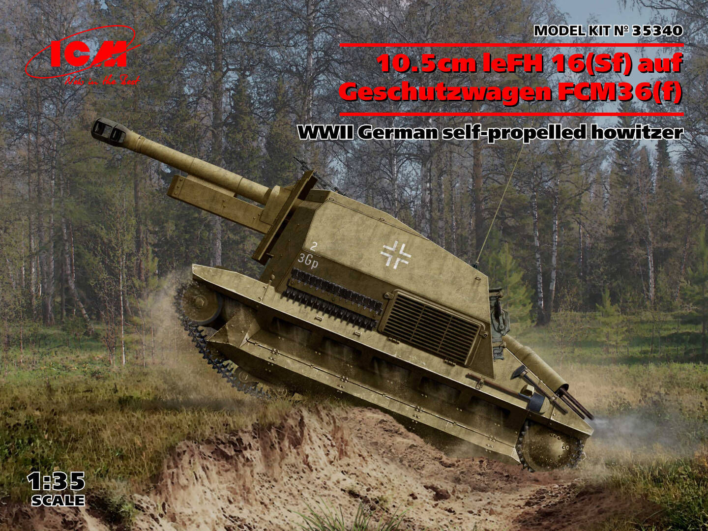 ICM 1/35 10.5cm leFH 16(Sf) auf Geschutzwagen FCM36(f) WWII German self-propelled howitzer Plastic Model Kit