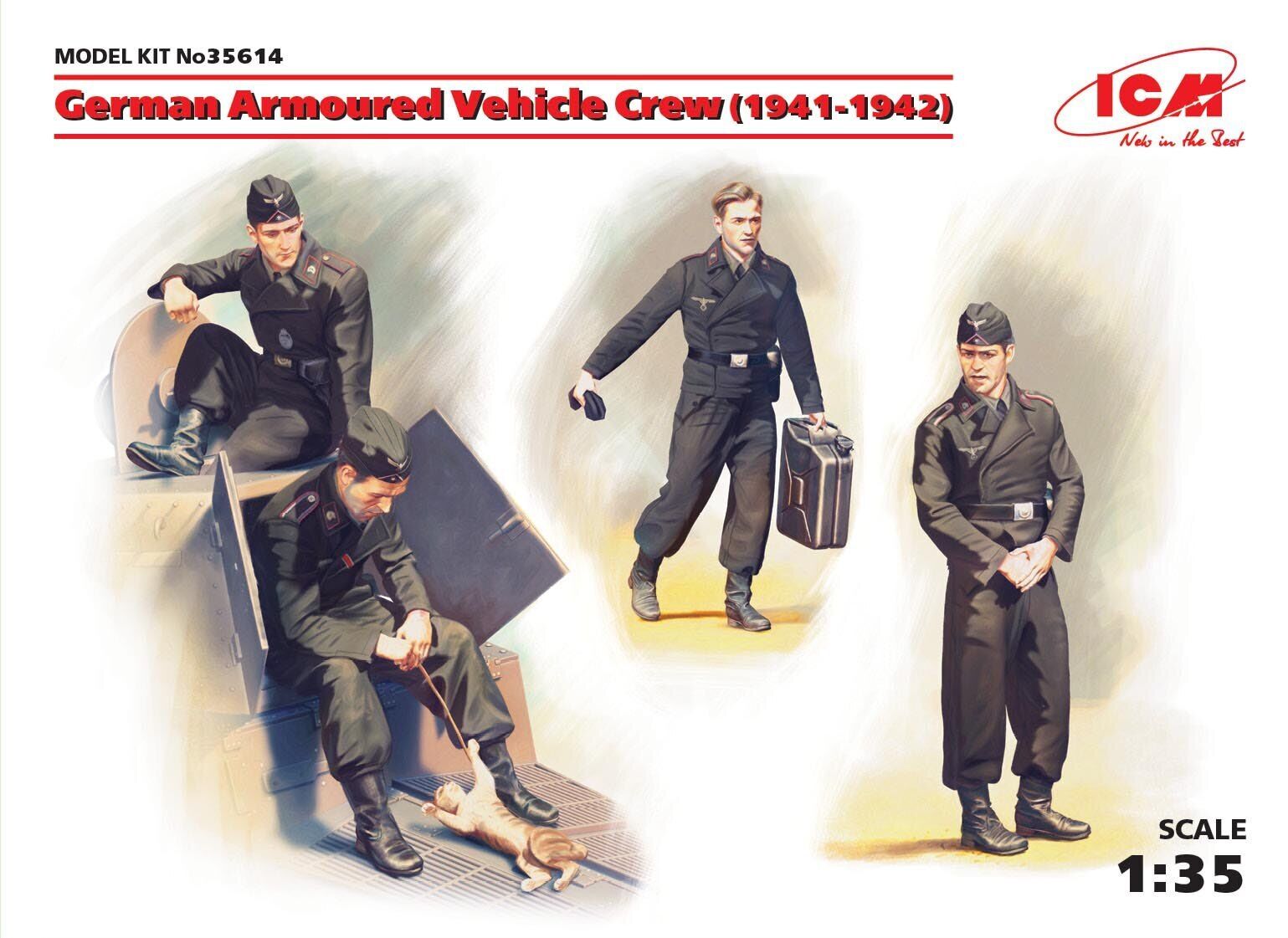 ICM 1/35 German Armoured Vehicle Crew (1941-1942) (4 Figures and cat) Plastic Model Kit