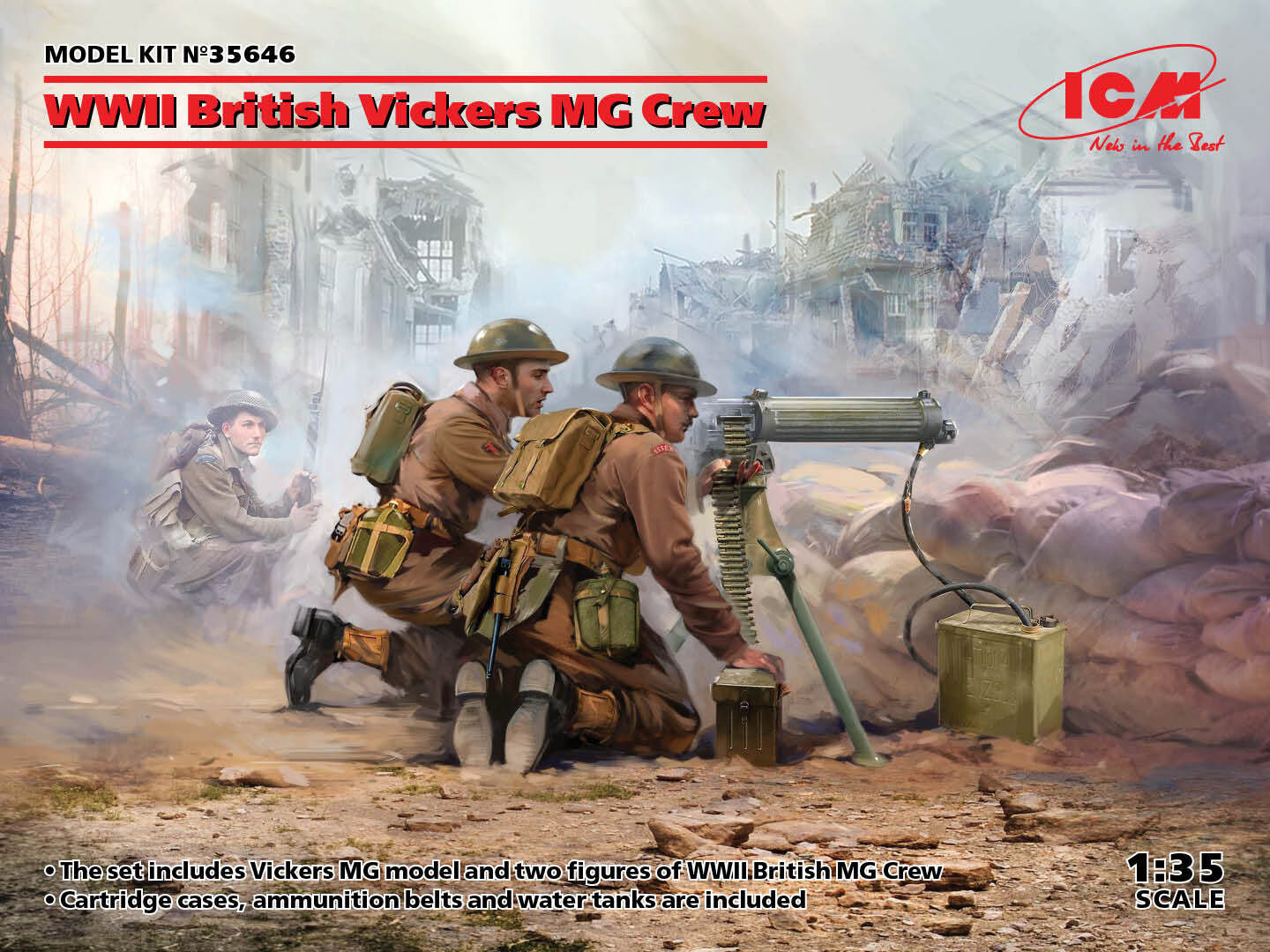 ICM 1/35 WWII British Vickers MG Crew (Vickers MG & 2 Figures) Plastic Model Kit
