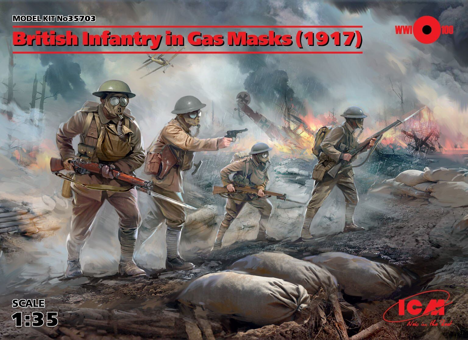 ICM 1/35 British Infantry in Gas Masks (1917) (4 Figures) Plastic Model Kit