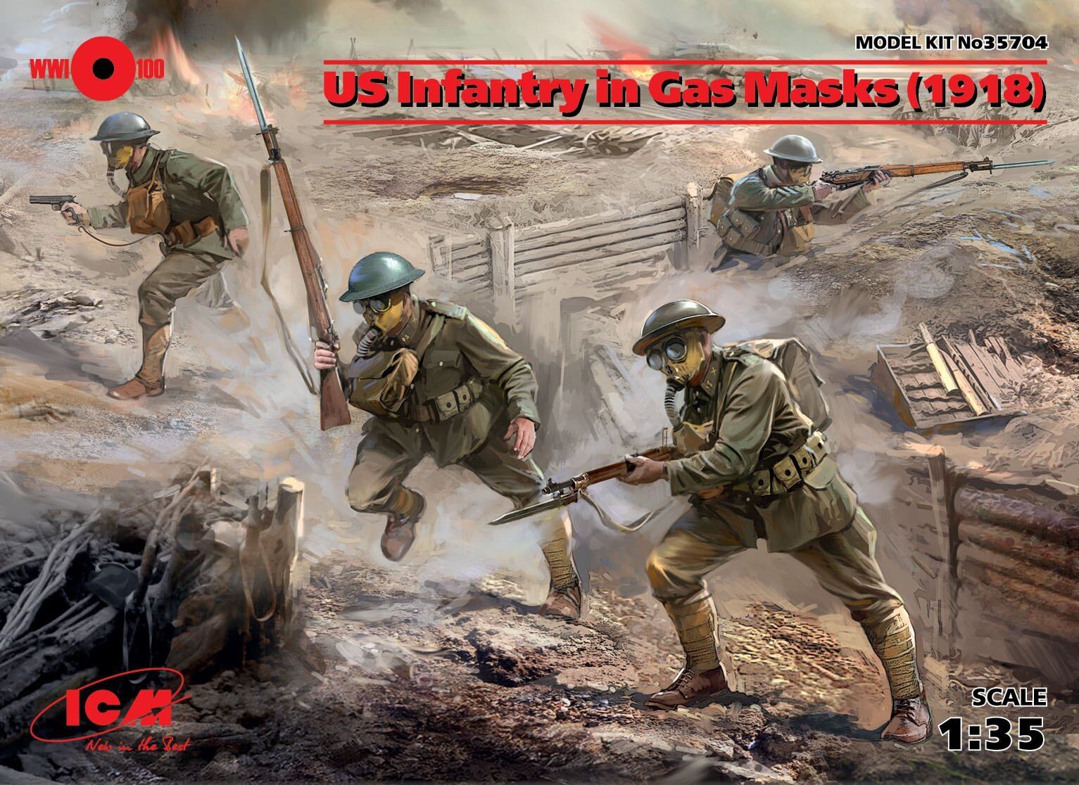 ICM 1/35 US Infantry in Gas Masks (1918) (4 Figures) Plastic Model Kit