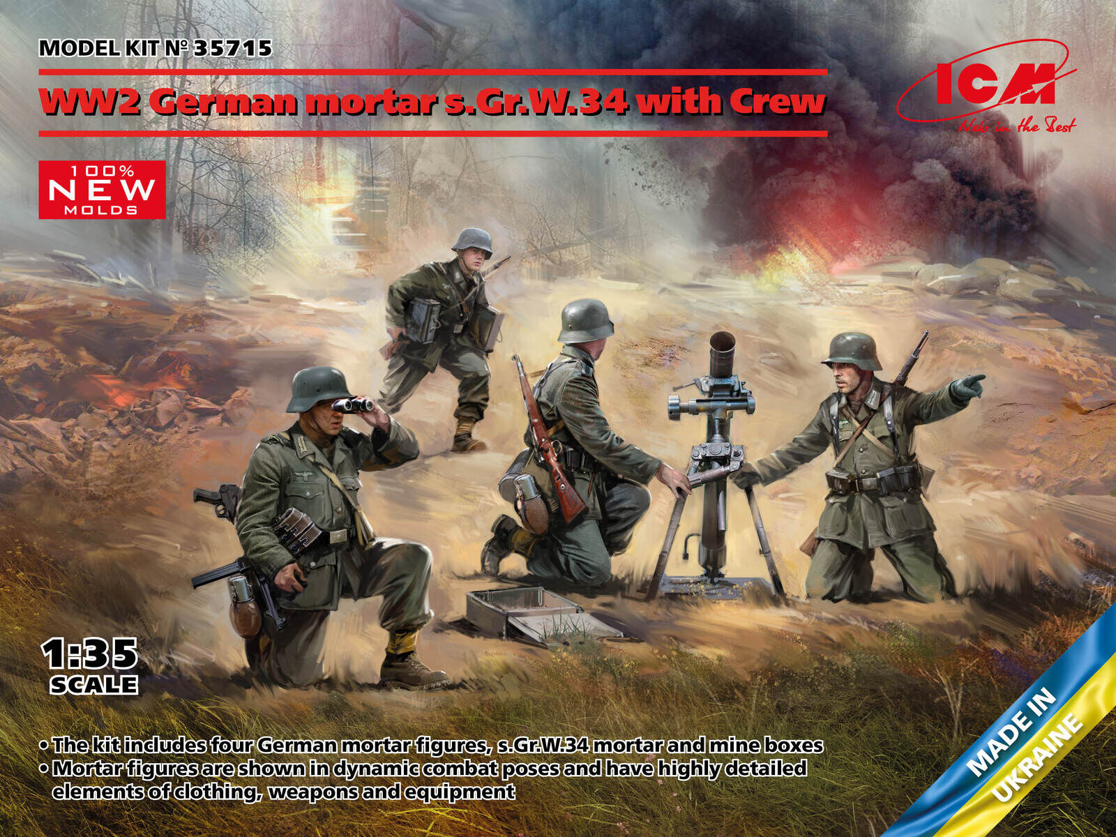 ICM 1/35 WW2 German mortar GrW 34 with Crew (mortar and 4 Figures) Plastic Model Kit