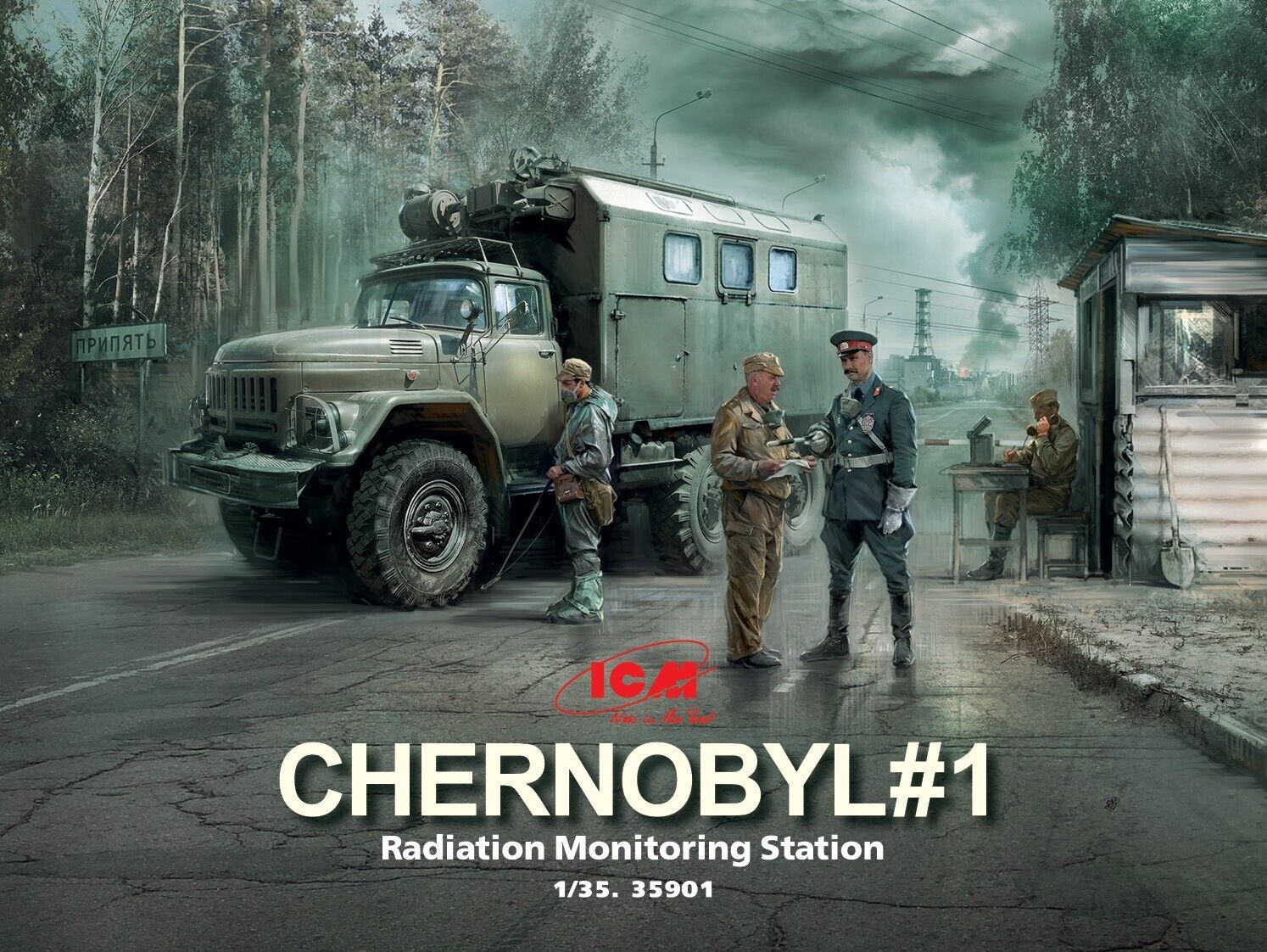 ICM 1/35 Chernobyl#1. Radiation Monitoring Station (ZiL-131KShM truck & 5 Figures & diorama base with background) Plastic Model Kit