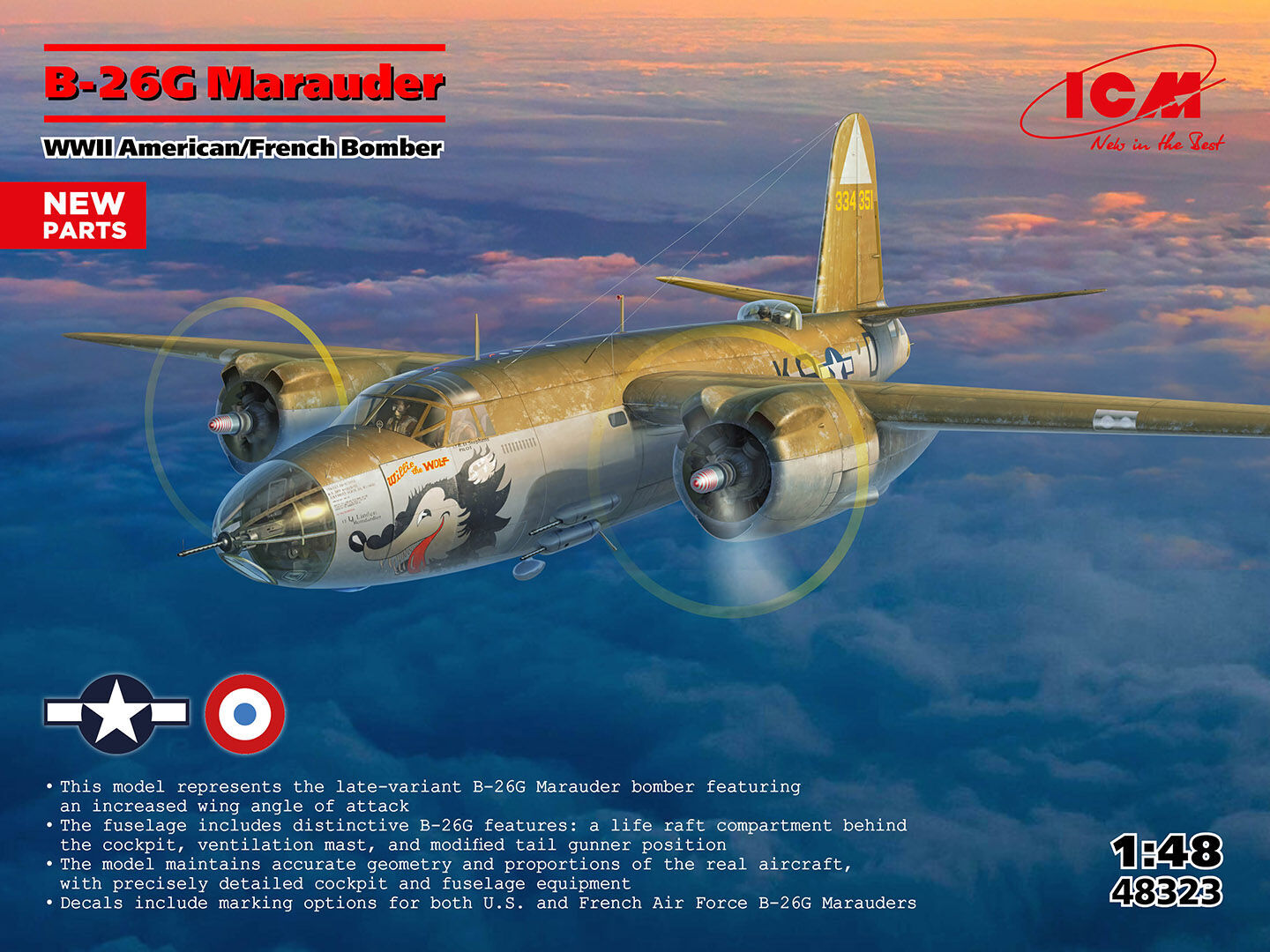 ICM 1/48 B-26G Marauder WWII American/France Bomber Plastic Model Kit