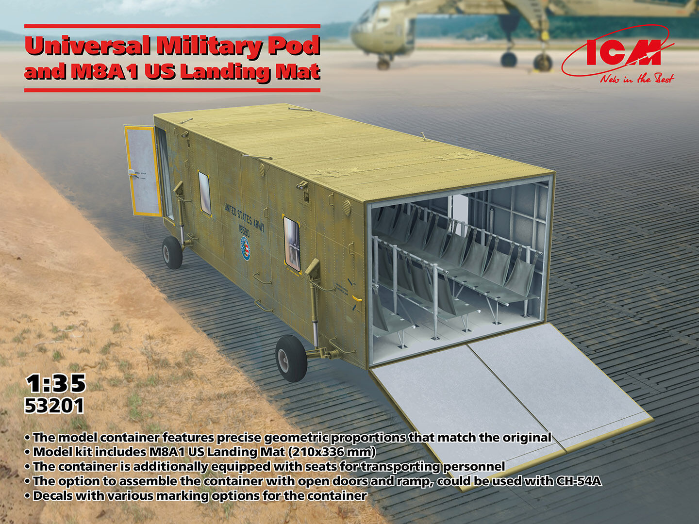 ICM 1/35 Universal Military Pod with M8A1 US Landing Mat Plastic Model Kit