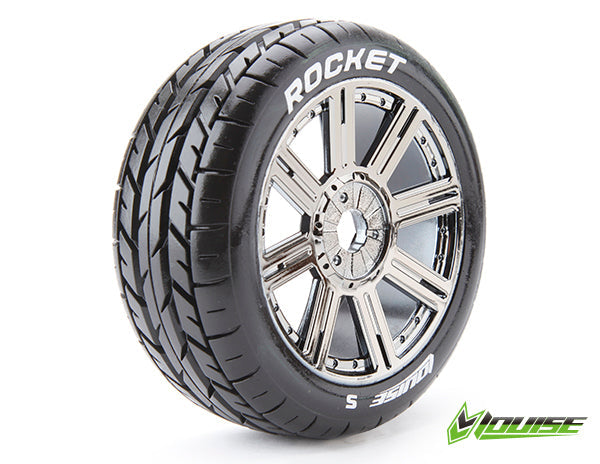LT3190SBC Louise RC - B-ROCKET - 1-8 Buggy Tire Set - Mounted - Soft - Black-Chrome Spoke Wheels - Hex 17mm - L-T3190SBC Louise