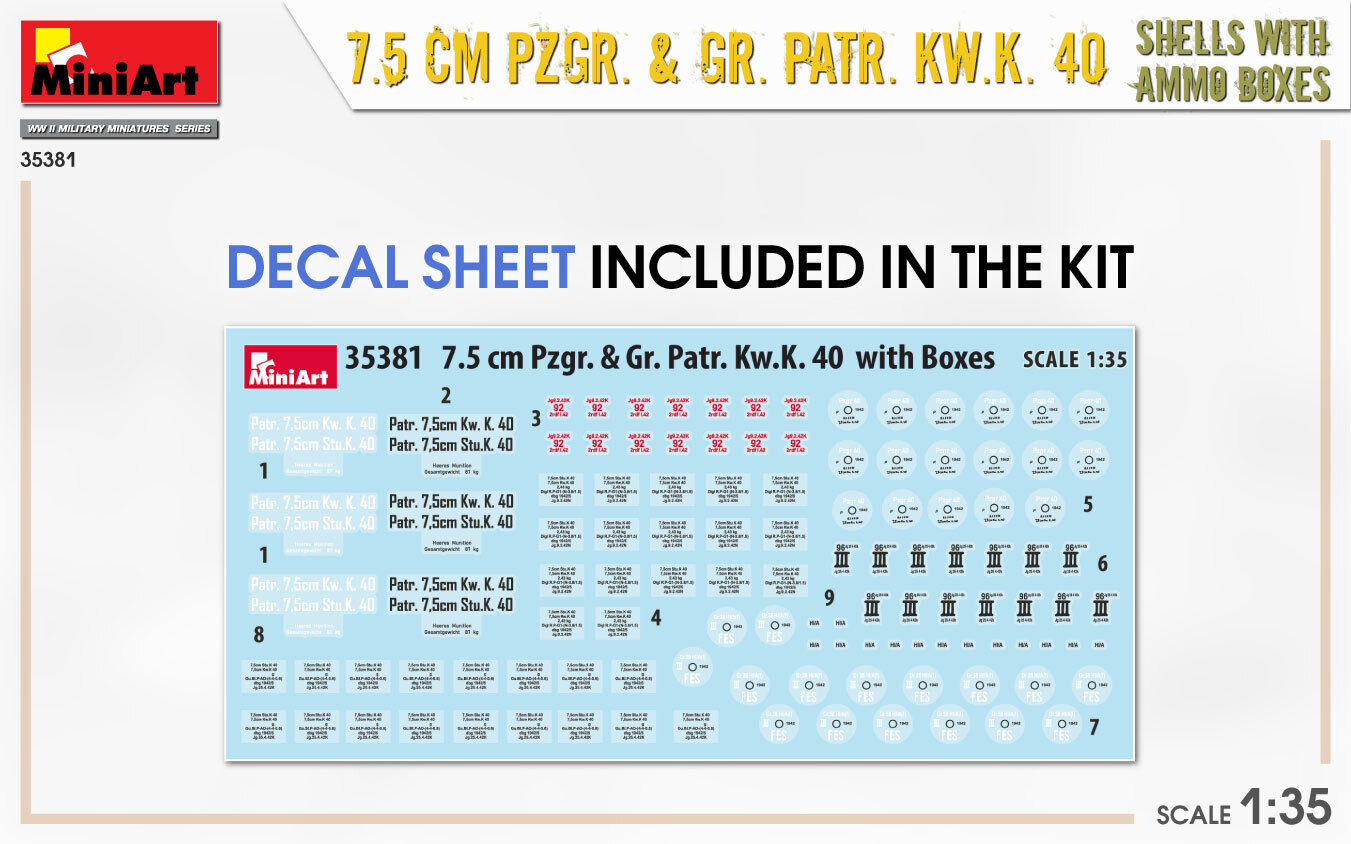 MiniArt 1/35 7.5 cm Pzgr. & Gr. Patr. Kw.K. 40 Shells with Ammo Boxes Plastic Model Kit