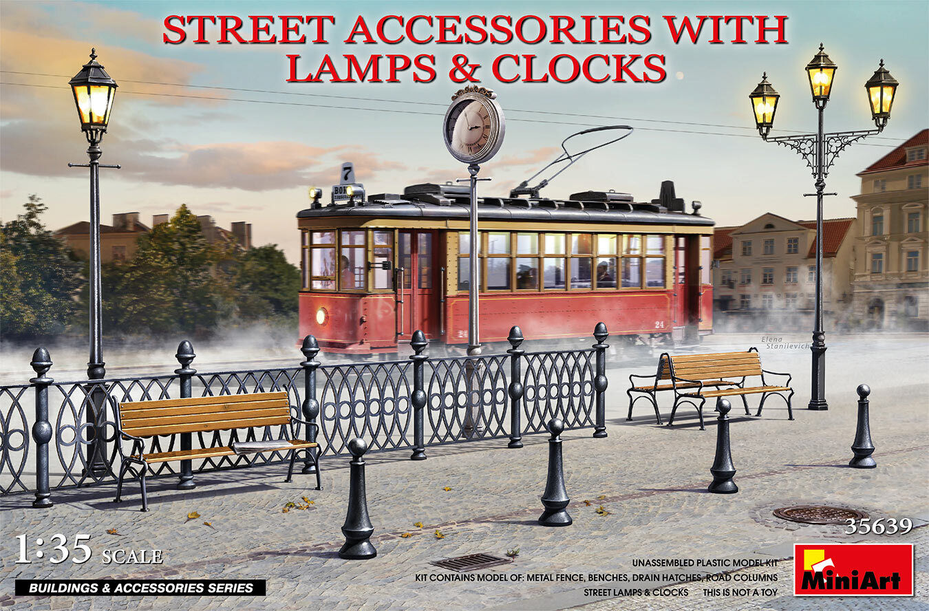 MiniArt 1/35 STREET ACCESSORIES WITH LAMPS & CLOCKS Plastic Model Kit