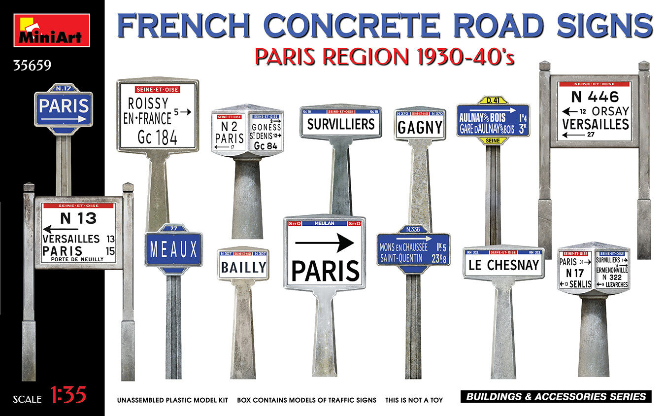 MiniArt 1/35 French Concrete Road Signs 1930-40's. Paris Region Plastic Model Kit
