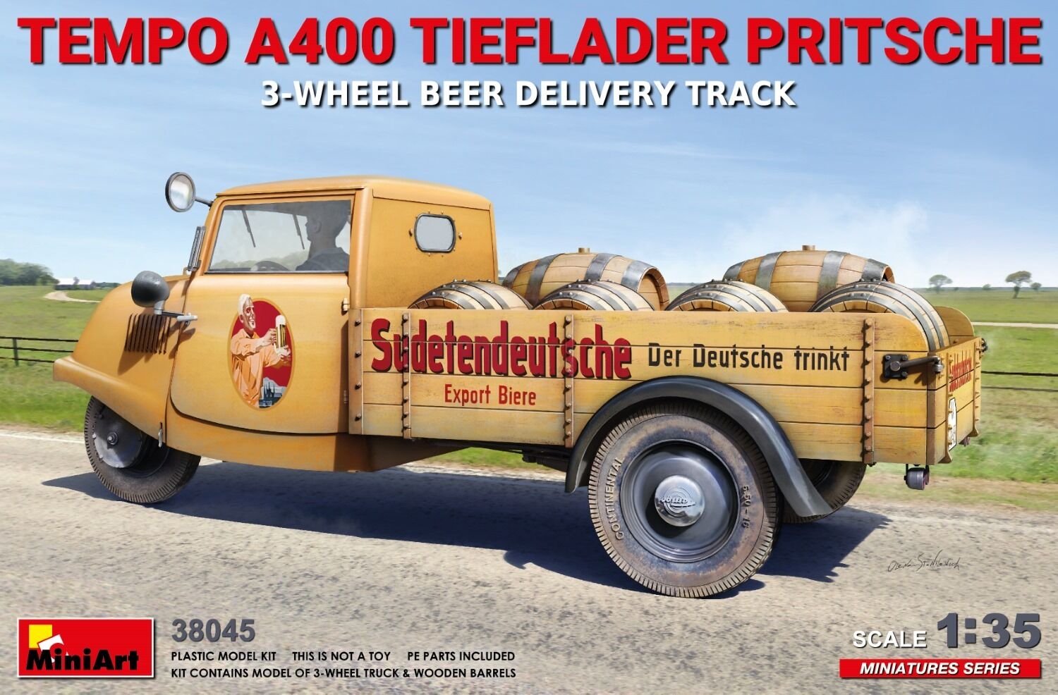 MiniArt 1/35 Tempo A400 Tieflader Pritsche 3-Wheel Beer Delivery Truck Plastic Model Kit