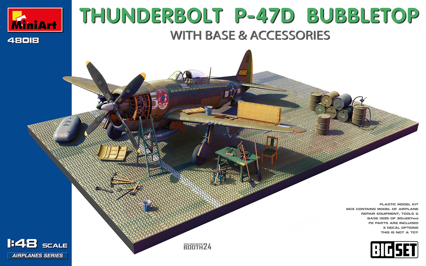 MiniArt 1/48 Thunderbolt P-47D Bubbletop w/Base & Accessories. Big Set Plastic Model Kit