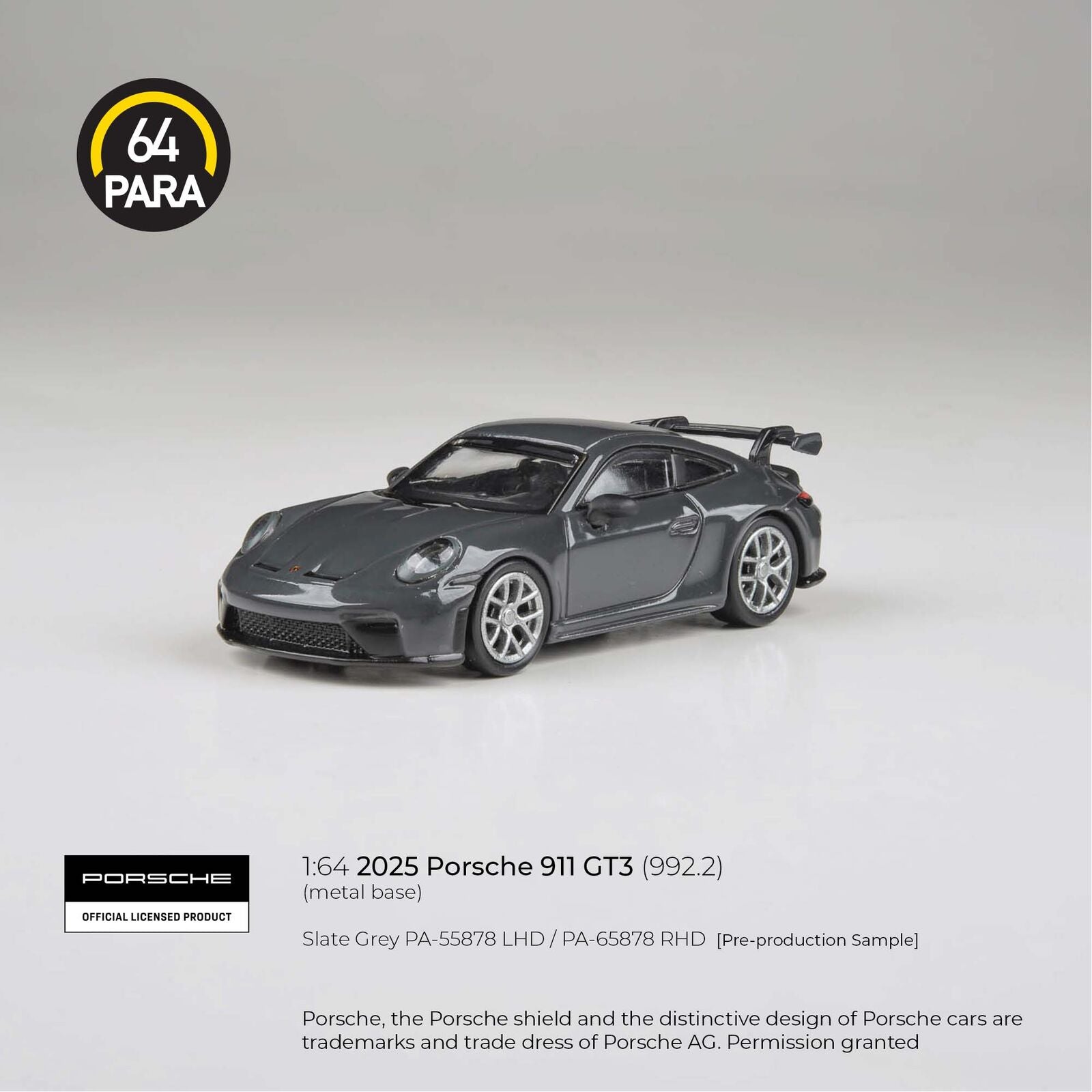 Para64 1/64 2025 Porsche 911 GT3 (992.2) Slate Grey RHD Diecast Model Car