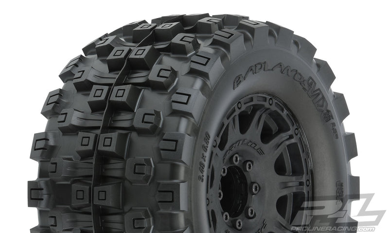 PRO1016610 Proline Badlands MX38 HP 3.8in Belted Tyres Mounted on Raid 8x32 Wheels, 17mm Hex, F/R, PR10166-10