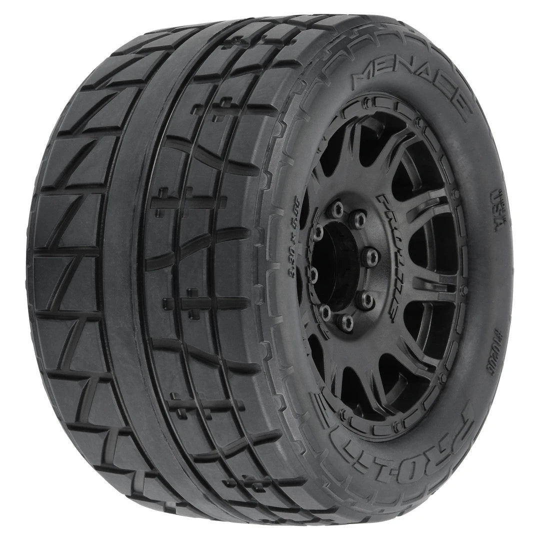 PRO1020610 Proline 1/8 Menace HP F/R 3.8inch MT Mounted on 17mm Black Raid Wheels, 2pcs