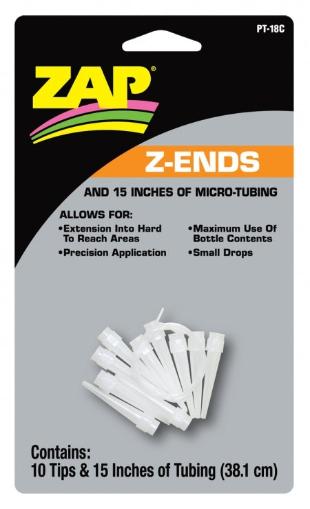 ZAP PT-18 Z-ENDS (10 EXTENDED TIPS/15 INCHES OF MICRO TUBING) 1 X CARD (12 PER BOX)