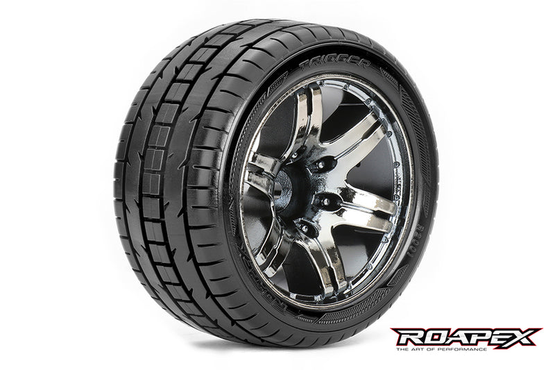 R2001-CB2 TRIGGER 1/10 STADIUM TRUCK TIRE CHROME BLACK WHEEL WITH 1/2 OFFSET 12MM HEX MOUNTED