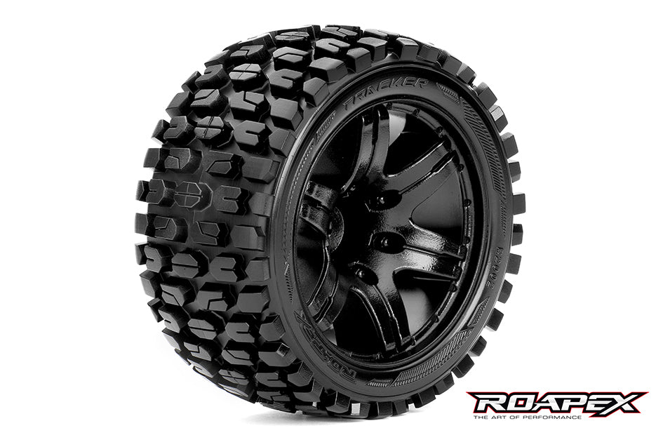 R2002-B2 TRACKER 1/10 STADIUM TRUCK TIRE BLACK WHEEL WITH 1/2 OFFSET 12MM HEX MOUNTED Roapex
