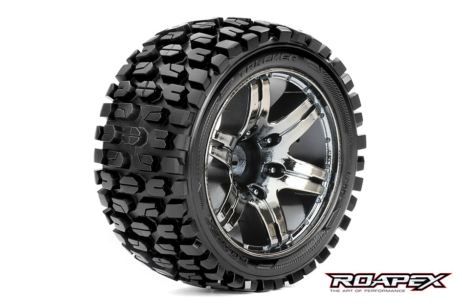 R2002-CB2 TRACKER 1/10 STADIUM TRUCK TIRE CHROME BLACK WHEEL WITH 1/2 OFFSET 12MM HEX MOUNTED Roapex