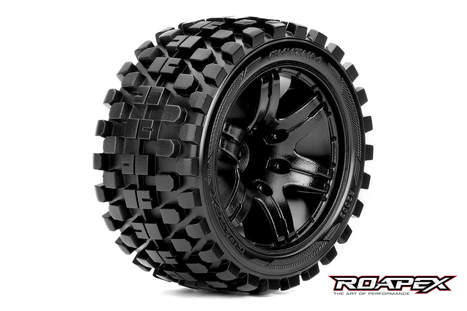 R2003-B2 RHYTHM 1/10 STADIUM TRUCK TIRE BLACK WHEEL WITH 1/2 OFFSET 12MM HEX MOUNTED Roapex