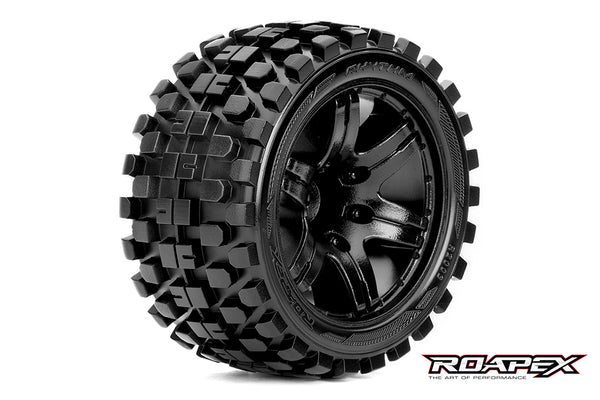 R2003-B2 RHYTHM 1/10 STADIUM TRUCK TIRE BLACK WHEEL WITH 1/2 OFFSET 12MM HEX MOUNTED