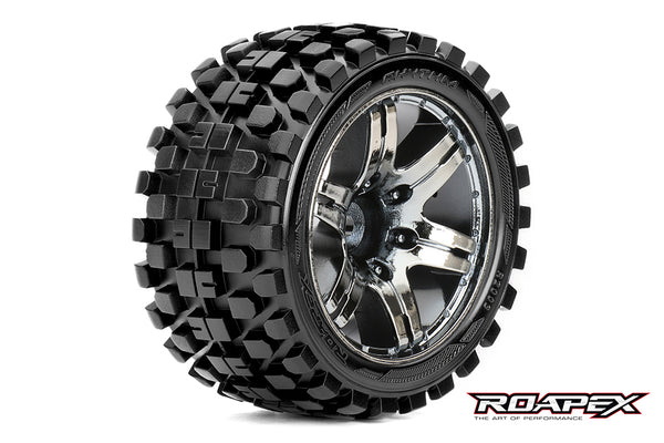 R2003-CB2 RHYTHM 1/10 STADIUM TRUCK TIRE  CHROME BLACK WHEEL WITH 1/2 OFFSET 12MM HEX MOUNTED