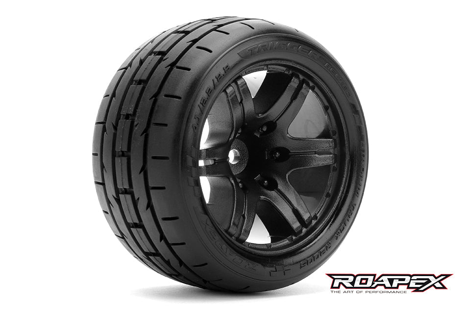R2005-B2 TRIGGER BELTED 1/10 STADIUM TRUCK TIRE BLACK WHEEL 1/2 OFFSET 12mm HEX MOUNTED Roapex
