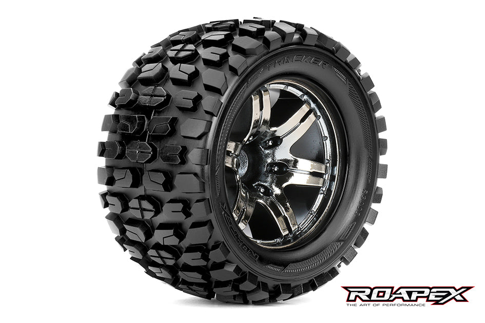 R3002-CB2 TRACKER 1/10 MONSTER TRUCK TIRE CHROME BLACK WHEEL WITH 1/2 OFFSET 12MM HEX MOUNTED Roapex