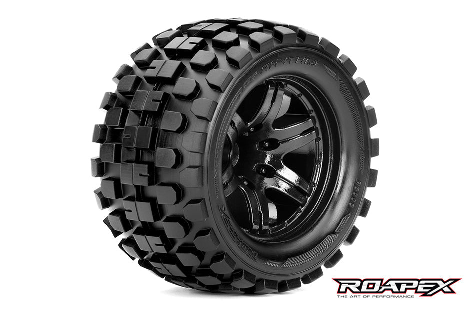 R3003-B2 RHYTHM 1/10 MONSTER TRUCK TIRE BLACK WHEEL WITH 1/2 OFFSET 12MM HEX MOUNTED Roapex