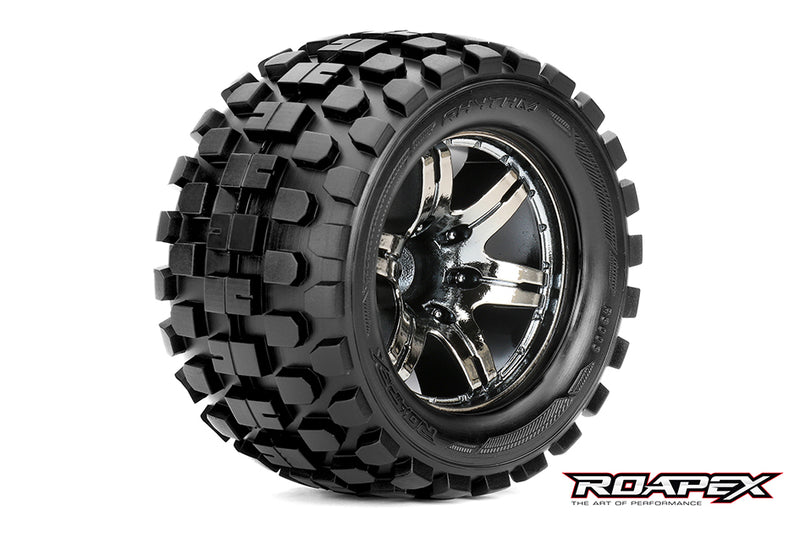 R3003-CB2 RHYTHM 1/10 MONSTER TRUCK TIRECHROME BLACK WHEEL WITH 1/2 OFFSET 12MM HEX MOUNTED