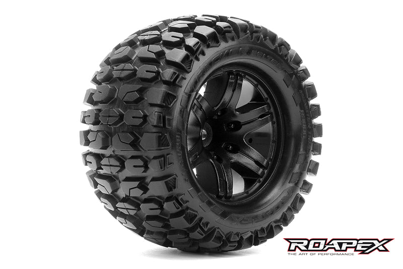 R3006-B0 TRACKER BELTED 1/10 MONSTER TRUCK TIRE BLACK WHEEL 0 OFFSET 12mm HEX MOUNTED