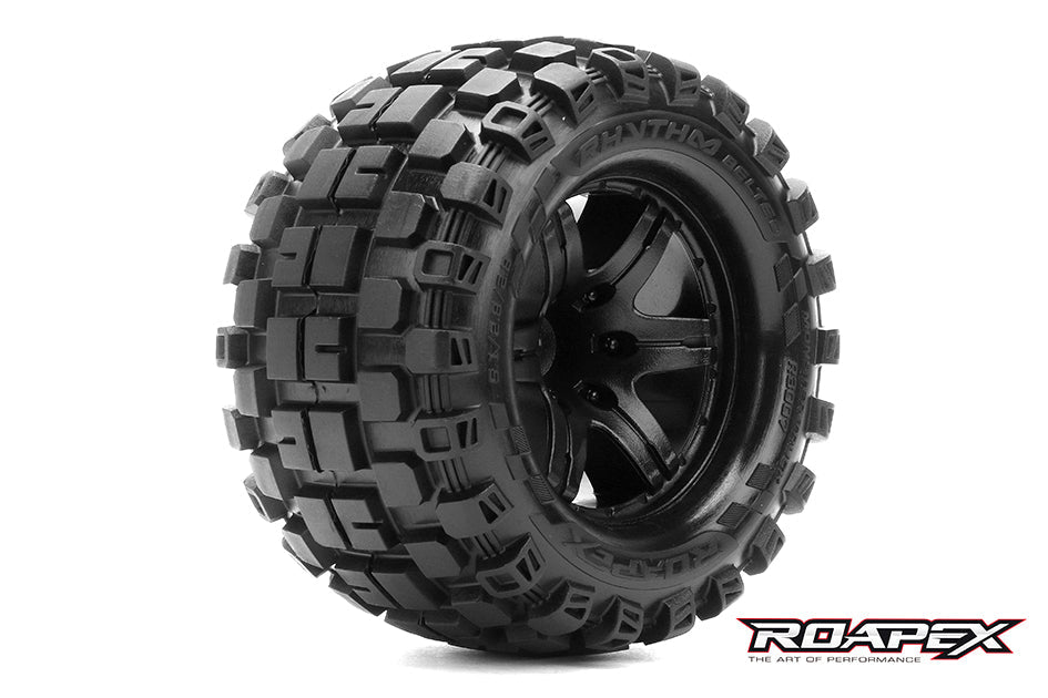 R3007-B0 RHYTHM BELTED 1/10 MONSTER TRUCK TIRE BLACK WHEEL 0 OFFSET 12mm HEX MOUNTED Roapex