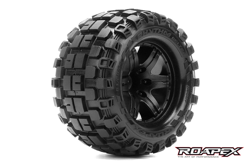 R3007-B2 RHYTHM BELTED 1/10 MONSTER TRUCK TIRE BLACK WHEEL 1/2 OFFSET 12mm HEX MOUNTED