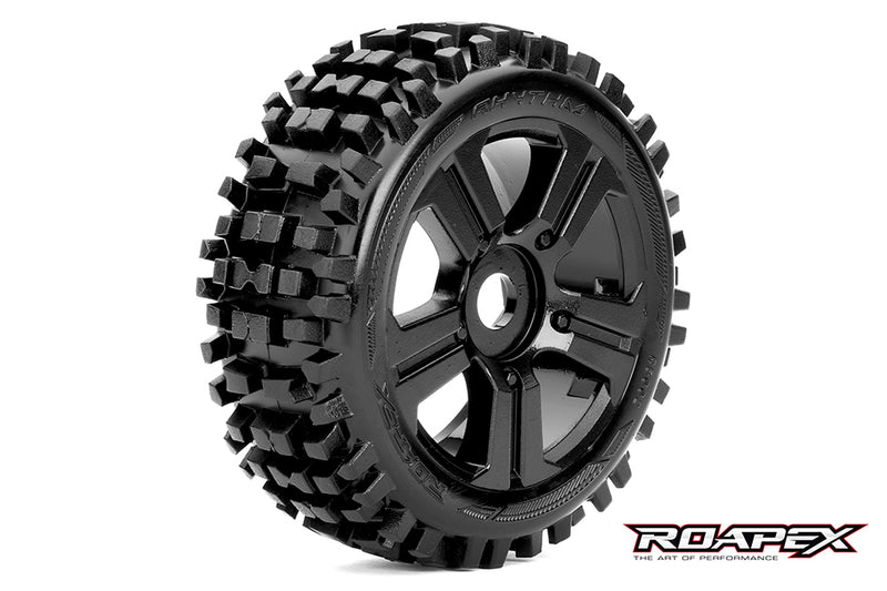 R5002-B RHYTHM 1/8 BUGGY TIRE BLACK WHEEL WITH 17MM HEX MOUNTED