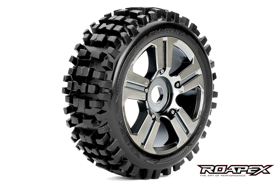 R5002-CB RHYTHM 1/8 BUGGY TIRE  CHROME BLACK WHEEL WITH 17MM HEX MOUNTED Roapex