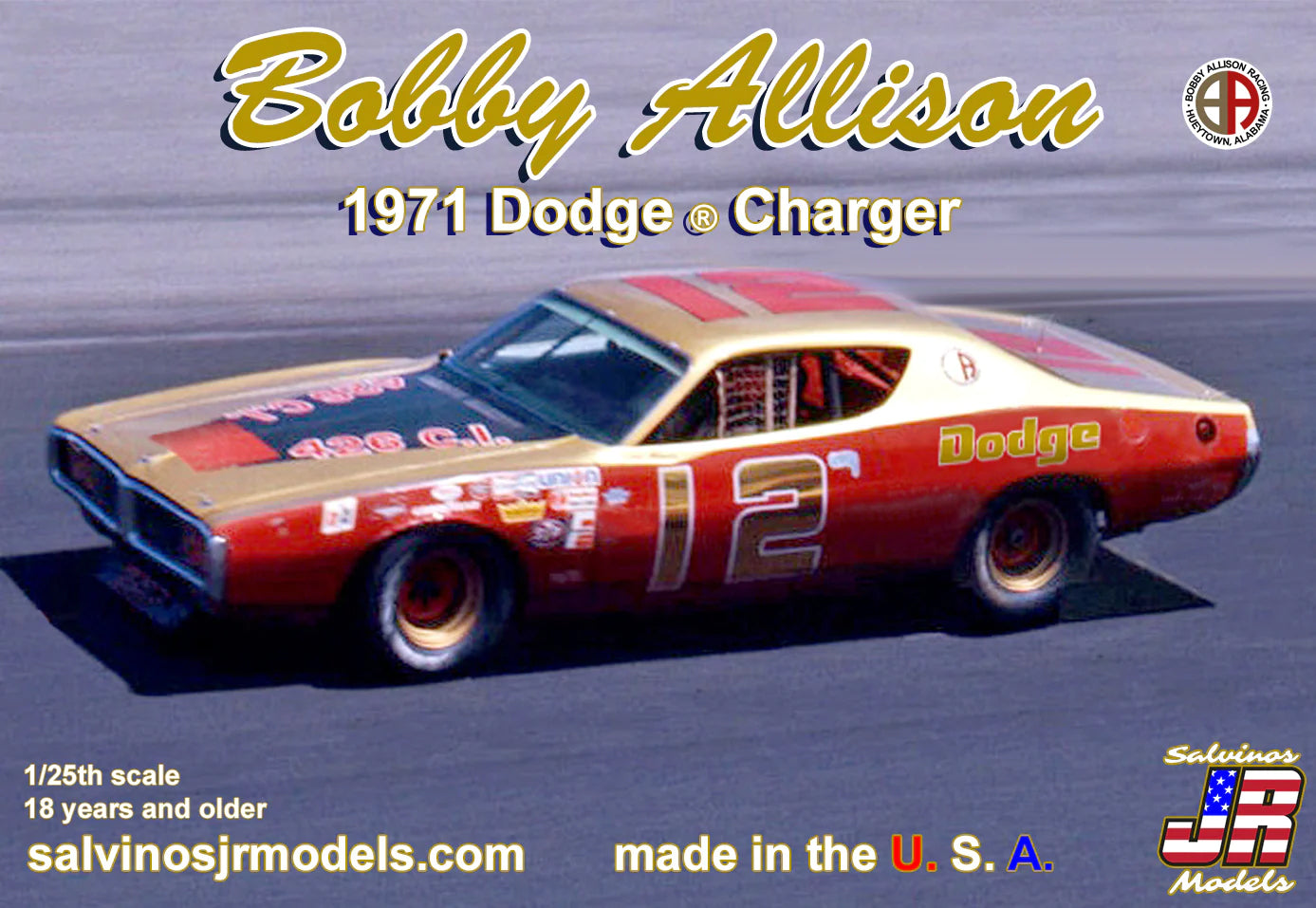 SJR-34091 Salvinos J R 1/25 Bobby Allison 1971 Dodge Charger Flathood Plastic Model Kit Salvinos J R Models