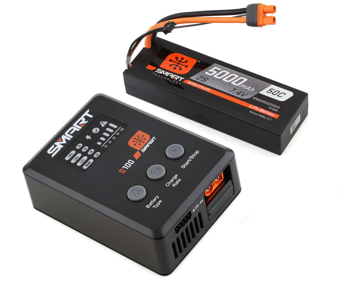 SPMX-1031 Spektrum Smart 5000mAh 2S 50C IC3 LiPo Battery Powerstage Bundle with S100 Charger Spektrum