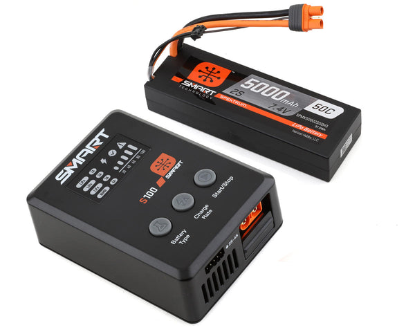 SPMX-1031 Spektrum Smart 5000mAh 2S 50C IC3 LiPo Battery Powerstage Bundle with S100 Charger