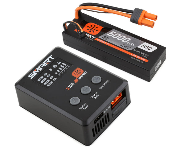 SPMX-1032 Spektrum Smart 5000mAh 2S 50C IC5 LiPo Battery Powerstage Bundle with S100 Charger