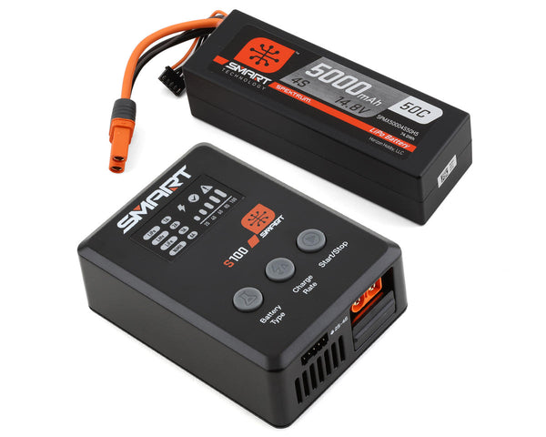 SPMX-1035 Spektrum Smart 5000mAh 4S 50C IC5 LiPo Battery Powerstage Bundle with S100 Charger