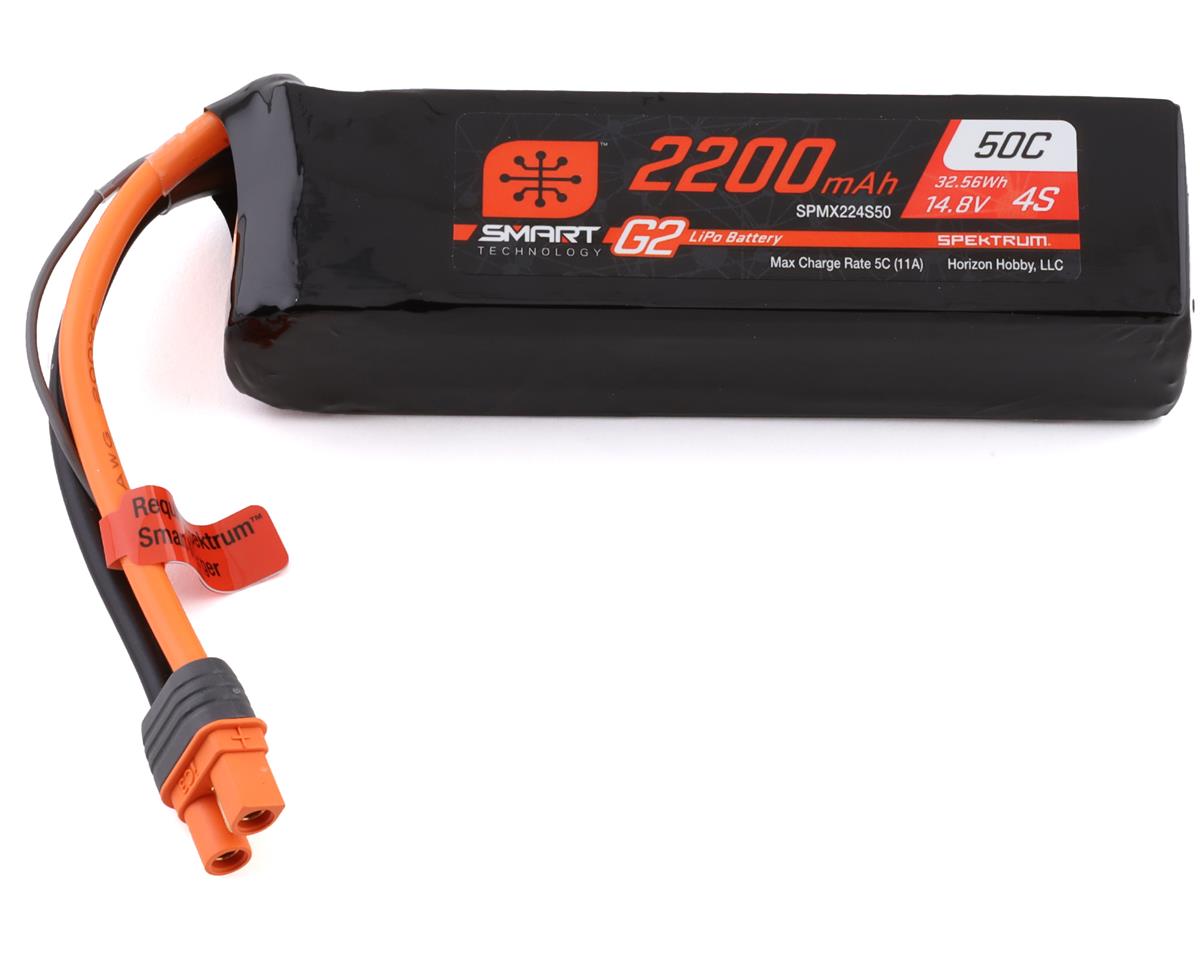 SPMX224S50 Spektrum 2200mAh 4S 14.8V 50c Smart G2 LiPo Battery with IC3 Connector Spektrum