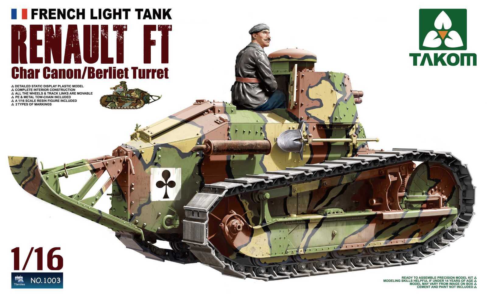 Takom 1/35 French Light Tank Renault FT char canon/Berliet turret and resin figure Plastic Model Kit