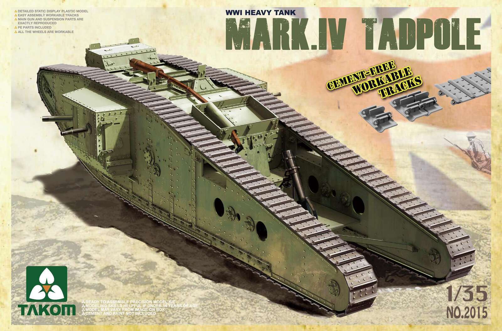 TK2015 Takom 1/35 WWI Heavy Battle Tank Mark IV Male Tadpole w/Rear mortar Plastic Model Kit [2015] Takom