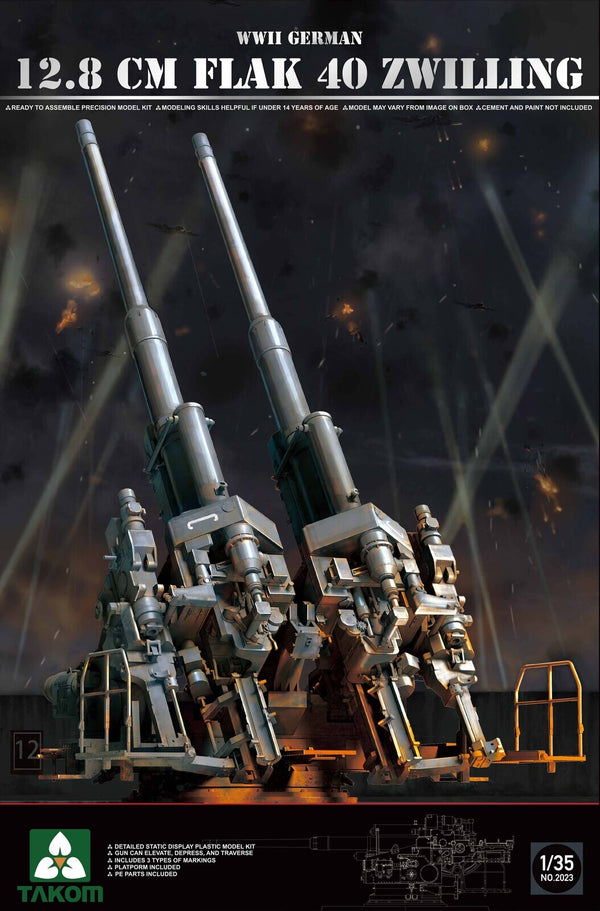 TK2023 Takom 1/35 WWII German 12.8 cm FlaK 40 Zwilling Plastic Model Kit [2023]