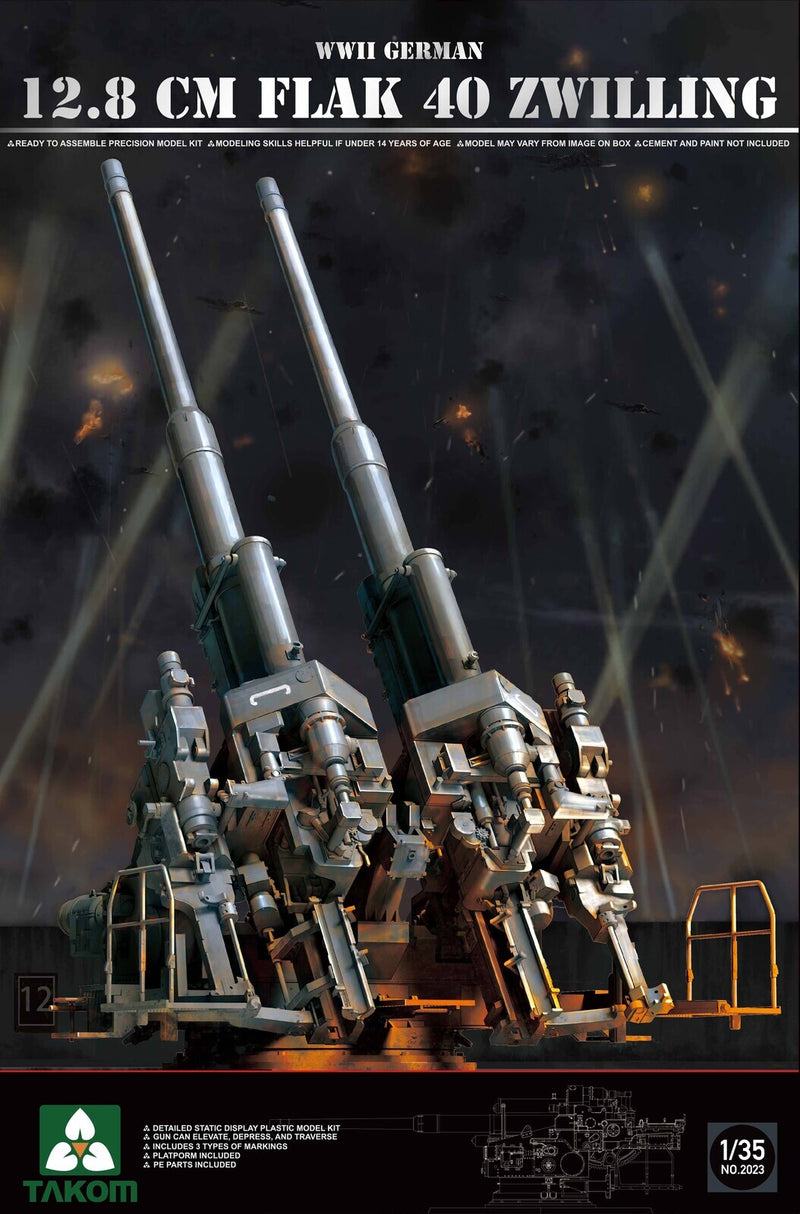 TK2023 Takom 1/35 WWII German 12.8 cm FlaK 40 Zwilling Plastic Model Kit [2023]