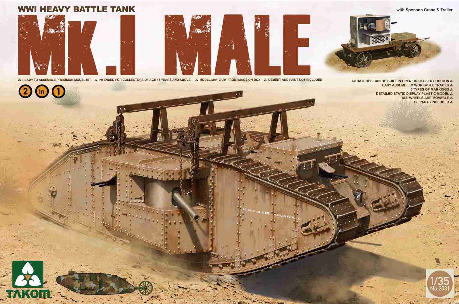 TK2031 Takom 1/35 WWI Heavy Battle Tank Mk.I Male 2 in 1 (w/ crane & flat trailer) Plastic Model Kit Takom