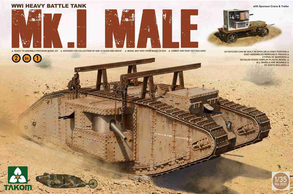 TK2031 Takom 1/35 WWI Heavy Battle Tank Mk.I Male 2 in 1 (w/ crane & flat trailer) Plastic Model Kit